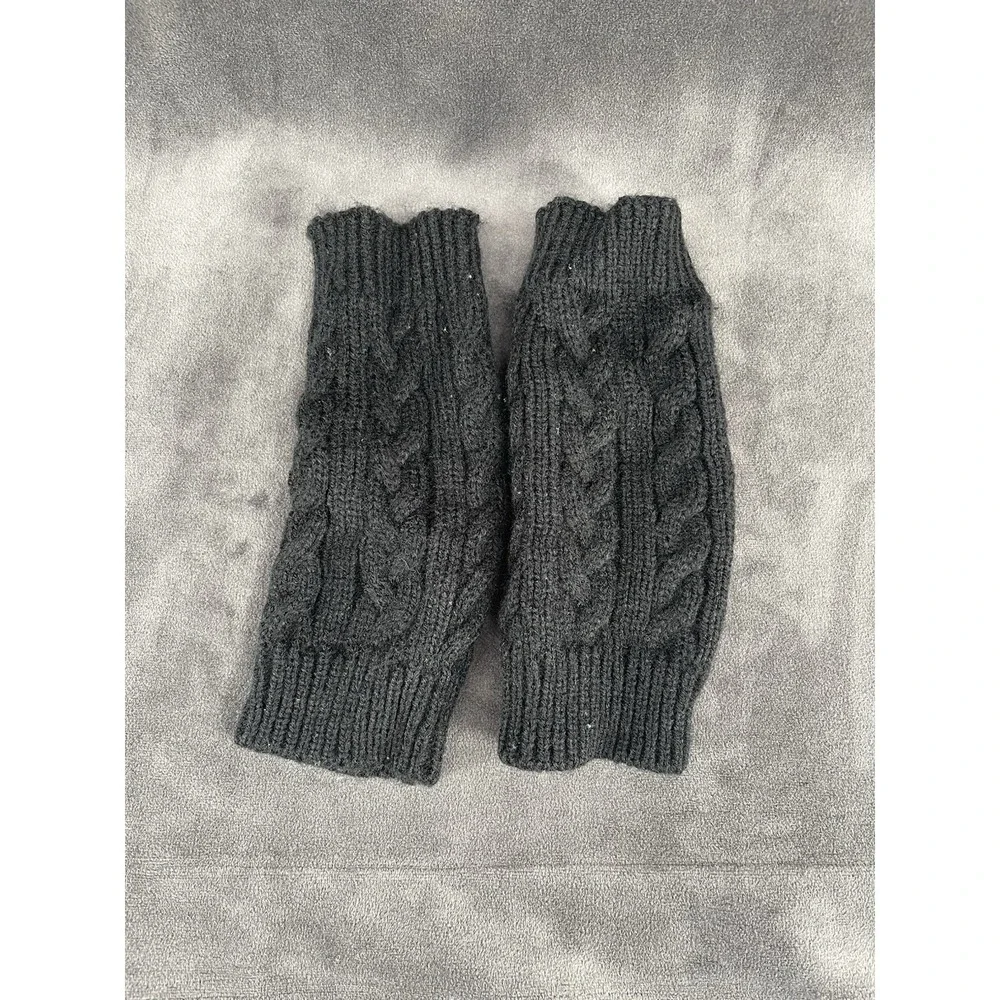 Black Cable Knit Fingerless Gloves Hand Warmers Winter One Size Pair